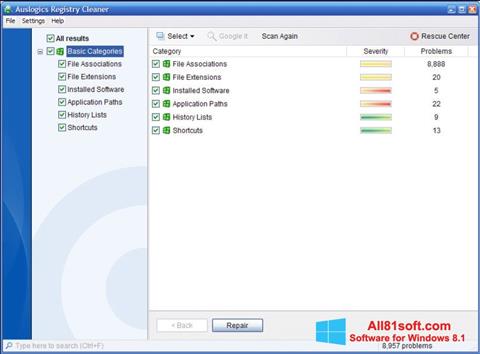 Zrzut ekranu Auslogics Registry Cleaner na Windows 8.1