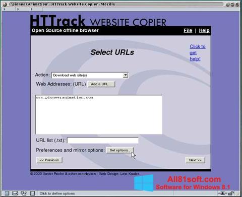 Zrzut ekranu HTTrack Website Copier na Windows 8.1