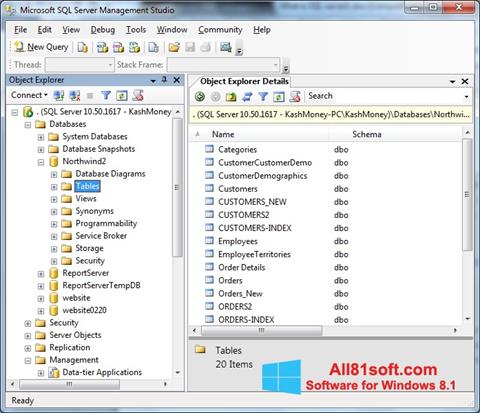 Zrzut ekranu Microsoft SQL Server na Windows 8.1