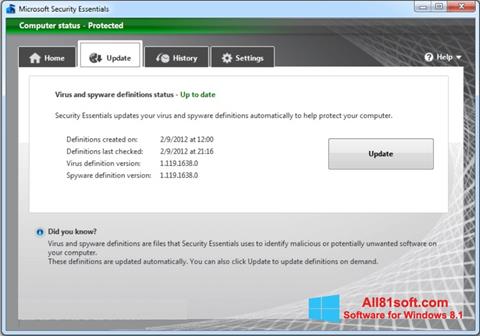 Zrzut ekranu Microsoft Security Essentials na Windows 8.1
