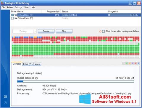 Zrzut ekranu Auslogics Disk Defrag na Windows 8.1